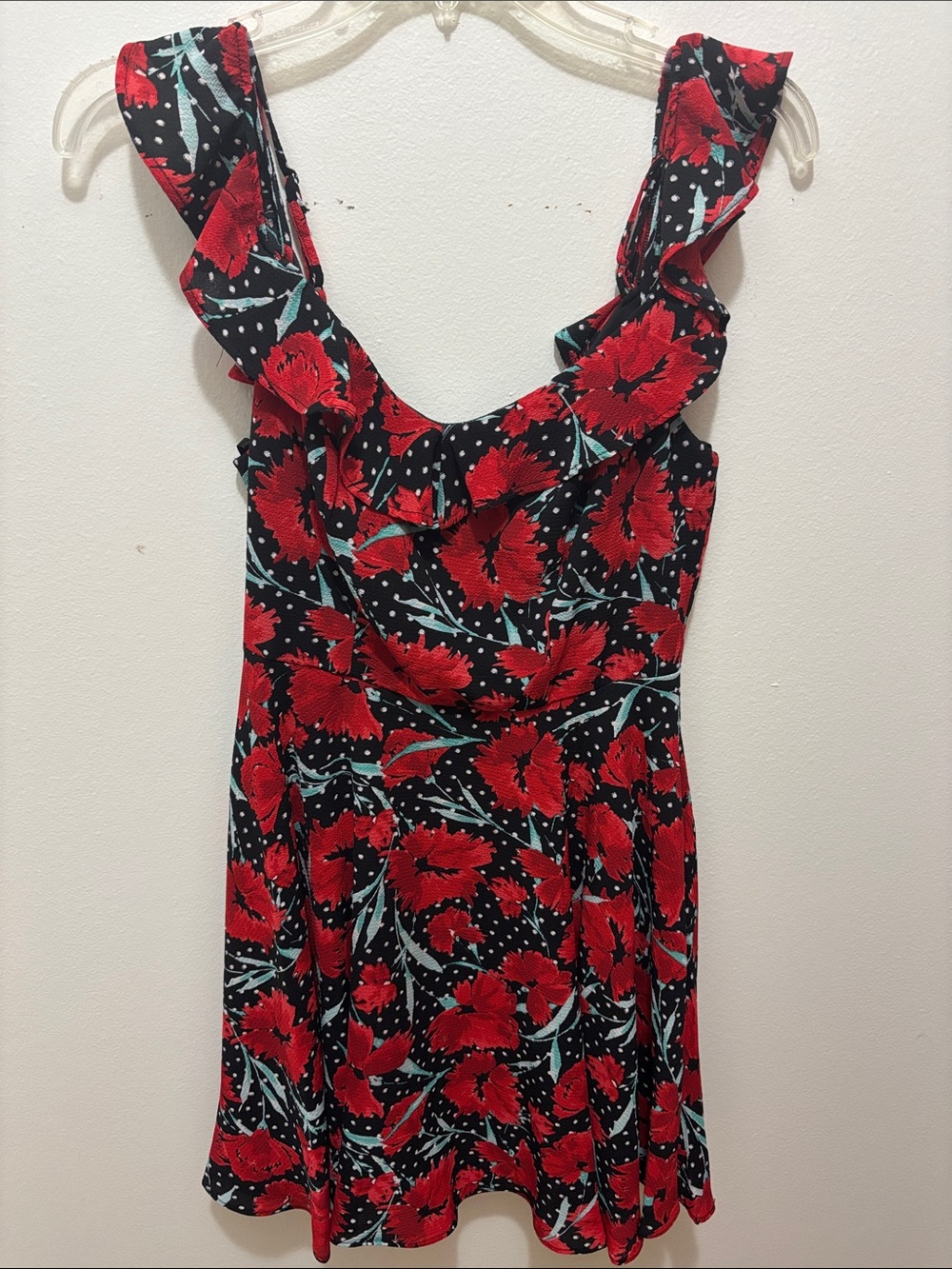 Red Floral and Polka Dot Ruffle Shoulder Mini Dress